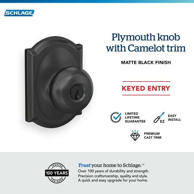 Alt view image 4 of 7 - Plymouth Keyed Entry Door Knob, Interior/Exterior, Matte Black Keyed entry door knob with turn-button lock, Easy to install, Certified security & durability, Universal fit, 2 keys