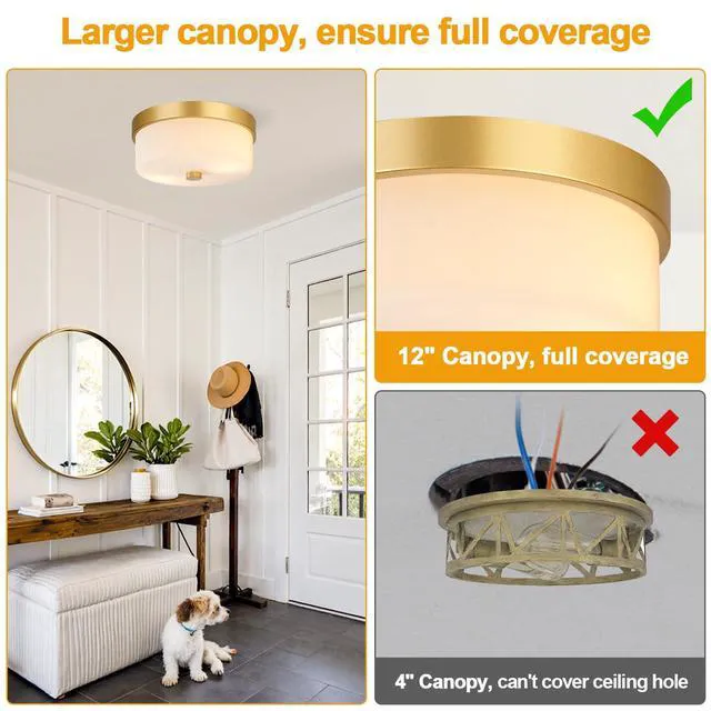 Alt view image 4 of 7 - Flush Mount Ceiling Light Fixtures, 2-Light Gold Ceiling Mount with Milky White Glass Lampshade, Industrial Flush Mount Light Fixture Farmhouse for Hallway, Kitchen, Entryway and Foyer