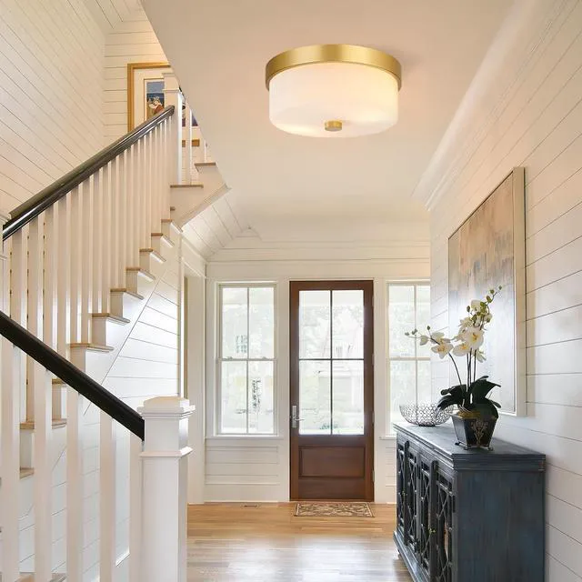 Alt view image 5 of 7 - Flush Mount Ceiling Light Fixtures, 2-Light Gold Ceiling Mount with Milky White Glass Lampshade, Industrial Flush Mount Light Fixture Farmhouse for Hallway, Kitchen, Entryway and Foyer