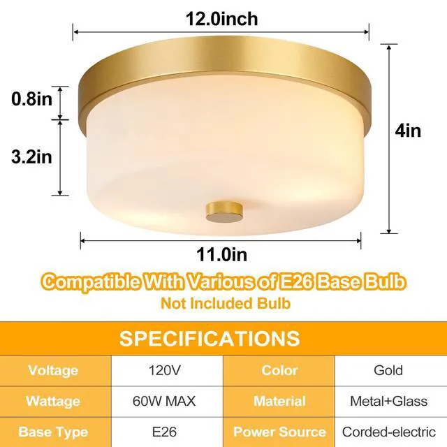 Alt view image 7 of 7 - Flush Mount Ceiling Light Fixtures, 2-Light Gold Ceiling Mount with Milky White Glass Lampshade, Industrial Flush Mount Light Fixture Farmhouse for Hallway, Kitchen, Entryway and Foyer