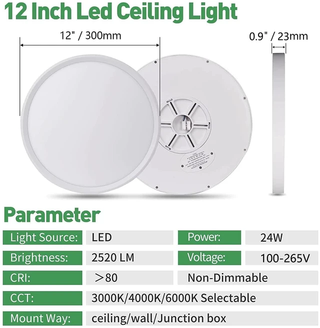 Alt view image 4 of 7 - 12Inch 12PK White LED Flush Mount Ceiling Light, 24W, 2520LM, 3CCT 3000K/4000K/6000K CCT Selectable, White Close to Ceiling Round Flat Panel Light, Super Slim LED Ceiling Light for Bedroom