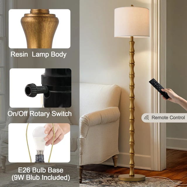Alt view image 2 of 7 - 62" Rustic Farmhouse Floor Lamp Antique Gold with Remote & Dimmable 9W Bulb, 3 Color Temperatures Resin Standing Lamp, Retro Tall Lamp for Living Room, Bedroom, Nursery, Office, Reading Nook