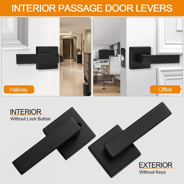 Alt view image 2 of 6 - 6 Pack Passage Door Handles Matte Black Door Levers, Interior Door Knobs Square Heavy Duty Non-Locking Handlesets Hall Closet Handles, Reversible for Right & Left Sided Doors