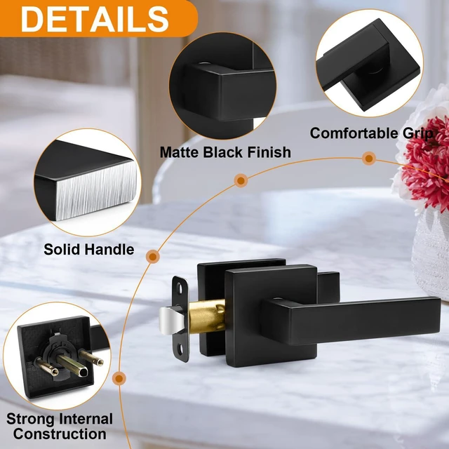 Alt view image 4 of 6 - 6 Pack Passage Door Handles Matte Black Door Levers, Interior Door Knobs Square Heavy Duty Non-Locking Handlesets Hall Closet Handles, Reversible for Right & Left Sided Doors