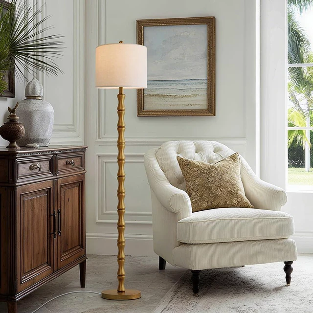 Alt view image 5 of 6 - 62" Rustic Floor Lamp, Retro Farmhouse Standing Lamp with Rotary Switch, Resin Antique Gold Floor Lamp for Living Room, Bedroom, Dining Room, Nursery, Elegant Home Décor