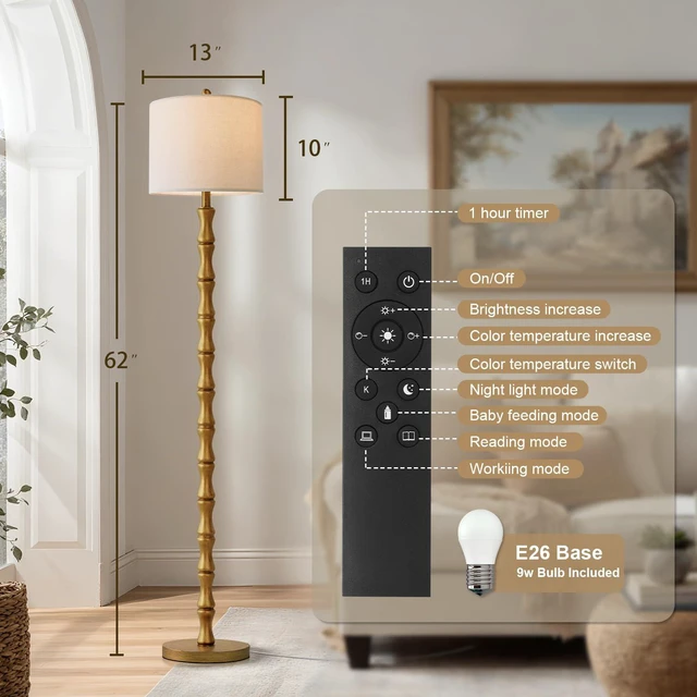 Alt view image 3 of 7 - 62" Rustic Farmhouse Floor Lamp Antique Gold with Remote & Dimmable 9W Bulb, 3 Color Temperatures Resin Standing Lamp, Retro Tall Lamp for Living Room, Bedroom, Nursery, Office, Reading Nook