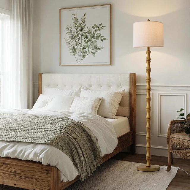 Alt view image 3 of 6 - 62" Rustic Floor Lamp, Retro Farmhouse Standing Lamp with Rotary Switch, Resin Antique Gold Floor Lamp for Living Room, Bedroom, Dining Room, Nursery, Elegant Home Décor