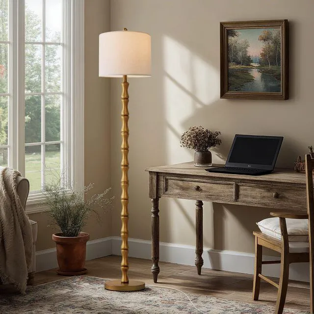 Alt view image 6 of 6 - 62" Rustic Floor Lamp, Retro Farmhouse Standing Lamp with Rotary Switch, Resin Antique Gold Floor Lamp for Living Room, Bedroom, Dining Room, Nursery, Elegant Home Décor