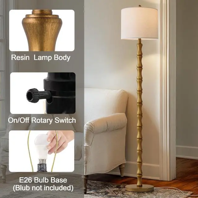 Alt view image 2 of 6 - 62" Rustic Floor Lamp, Retro Farmhouse Standing Lamp with Rotary Switch, Resin Antique Gold Floor Lamp for Living Room, Bedroom, Dining Room, Nursery, Elegant Home Décor