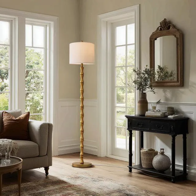 Alt view image 4 of 6 - 62" Rustic Floor Lamp, Retro Farmhouse Standing Lamp with Rotary Switch, Resin Antique Gold Floor Lamp for Living Room, Bedroom, Dining Room, Nursery, Elegant Home Décor