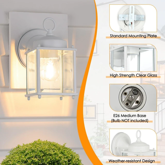Alt view image 2 of 7 - Outdoor Wall Lantern, Exterior White Waterproof Wall Sconce Lighting Fixtures, Front Door Wall Lights with Clear Beveled Glass Shade, 2 Pack