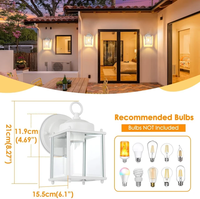 Alt view image 4 of 7 - Outdoor Wall Lantern, Exterior White Waterproof Wall Sconce Lighting Fixtures, Front Door Wall Lights with Clear Beveled Glass Shade, 2 Pack