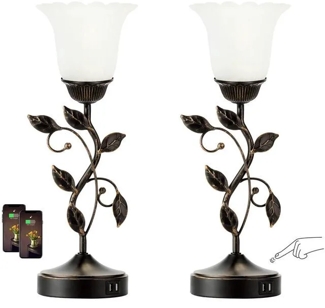 Main image of Set of 2 Touch Bedside Vintage Lamps with 2 USB C+A 3-Way Dimmable Flower Lamps, White Glass Shade Rustic Leaf Lamp for Bedroom Side Table, LED Bulb Included