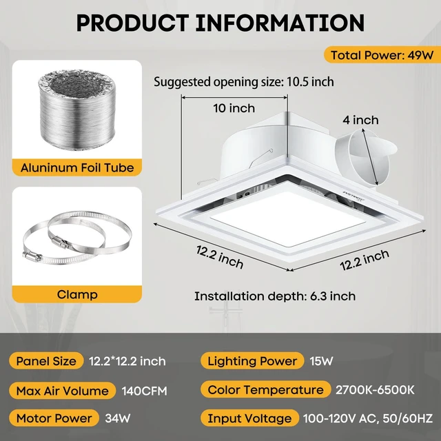 Alt view image 6 of 7 - Bathroom Exhaust Fan with Light 12" Ultra Quiet 1.0 Sones,1200LM, 5CCT, Exhaust Fan Mounting Opening 10"x10" in 140CFM Bathroom Fan with Light Ceiling Mount for Home, Bath, Office
