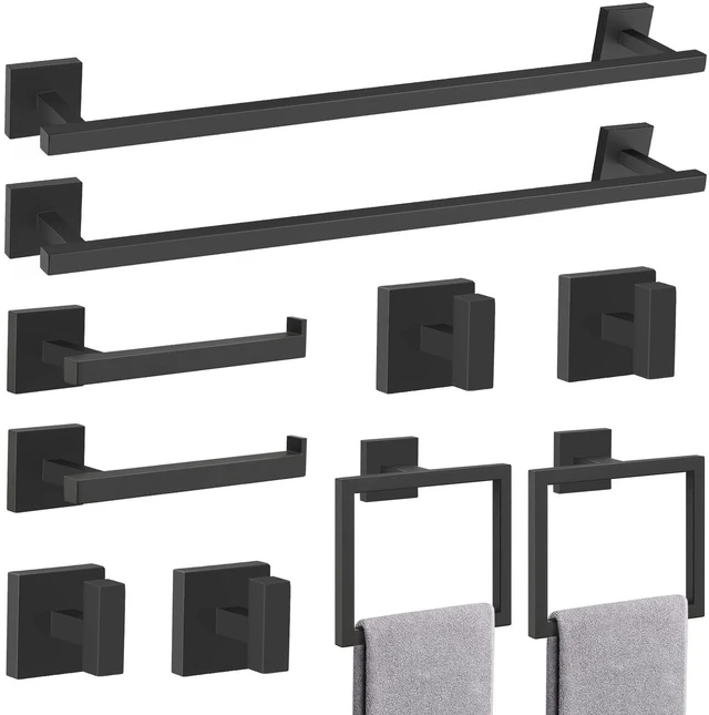 Main image of Matte Black Bathroom Hardware Accessories Set 10 Pieces, 23.6" SUS304 Stainless Steel Towel Bar Set Wall Mounted Includes Single Towel Bar, Towel Ring, Toilet Paper Holder, Double Towel Hooks