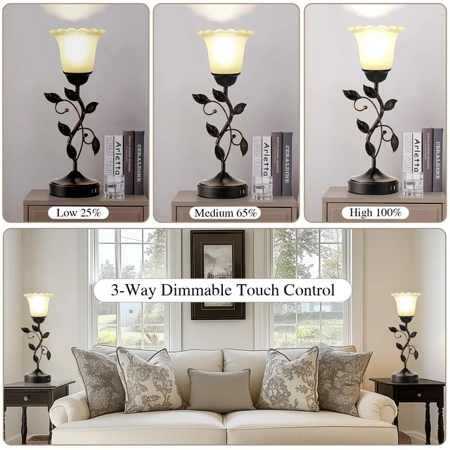 Alt view image 2 of 6 - Set of 2 Touch Bedside Vintage Lamps with 2 USB C+A 3-Way Dimmable Flower Lamps, White Glass Shade Rustic Leaf Lamp for Bedroom Side Table, LED Bulb Included