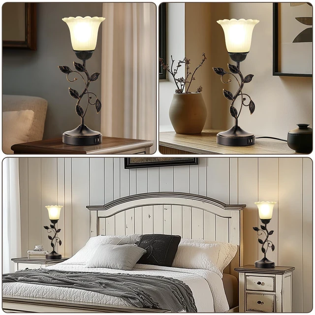 Alt view image 4 of 6 - Set of 2 Touch Bedside Vintage Lamps with 2 USB C+A 3-Way Dimmable Flower Lamps, White Glass Shade Rustic Leaf Lamp for Bedroom Side Table, LED Bulb Included