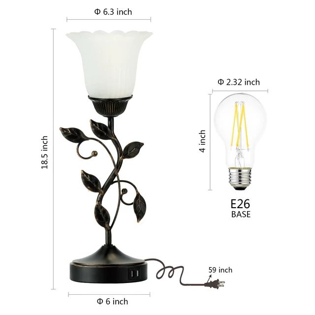 Alt view image 6 of 6 - Set of 2 Touch Bedside Vintage Lamps with 2 USB C+A 3-Way Dimmable Flower Lamps, White Glass Shade Rustic Leaf Lamp for Bedroom Side Table, LED Bulb Included
