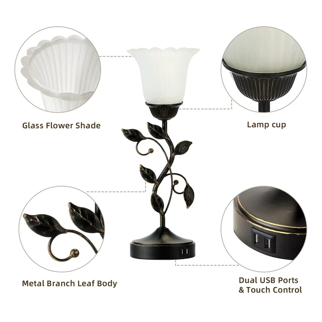 Alt view image 5 of 6 - Set of 2 Touch Bedside Vintage Lamps with 2 USB C+A 3-Way Dimmable Flower Lamps, White Glass Shade Rustic Leaf Lamp for Bedroom Side Table, LED Bulb Included