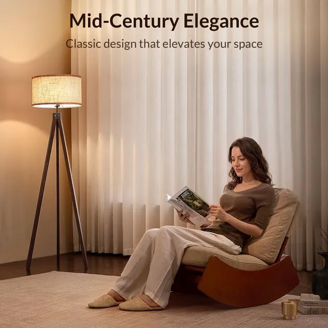 Alt view image 2 of 7 - Tripod Floor Lamp Mid Century Modern Standing Lamps for Living Room Light-Diffusing Linen Shade, Premium Rubberwood Tripod with E26 Base, Adding Warmth to Bedroom, Office & Study Corner Walnut
