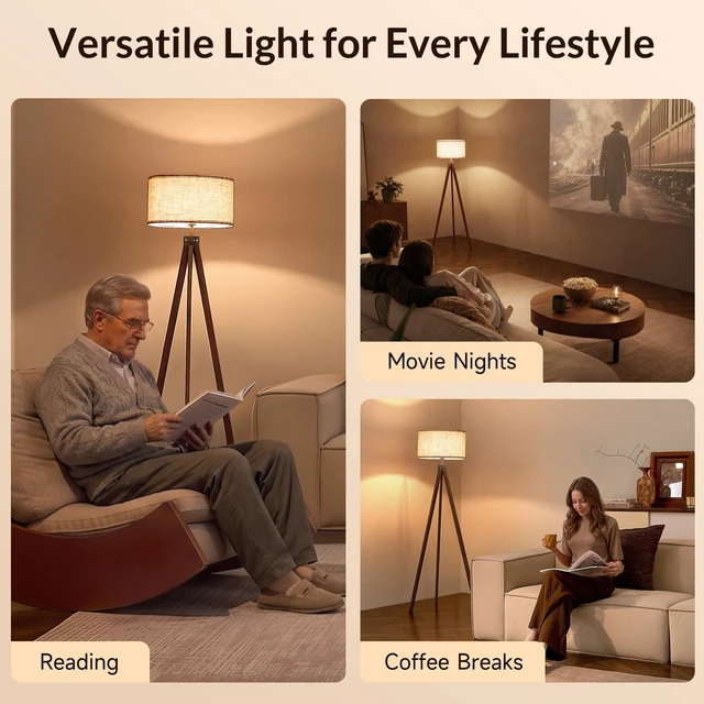 Alt view image 5 of 7 - Tripod Floor Lamp Mid Century Modern Standing Lamps for Living Room Light-Diffusing Linen Shade, Premium Rubberwood Tripod with E26 Base, Adding Warmth to Bedroom, Office & Study Corner Walnut