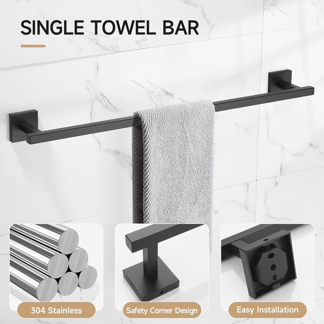 Alt view image 3 of 7 - Matte Black Bathroom Hardware Accessories Set 10 Pieces, 23.6" SUS304 Stainless Steel Towel Bar Set Wall Mounted Includes Single Towel Bar, Towel Ring, Toilet Paper Holder, Double Towel Hooks