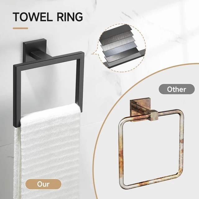 Alt view image 4 of 7 - Matte Black Bathroom Hardware Accessories Set 10 Pieces, 23.6" SUS304 Stainless Steel Towel Bar Set Wall Mounted Includes Single Towel Bar, Towel Ring, Toilet Paper Holder, Double Towel Hooks