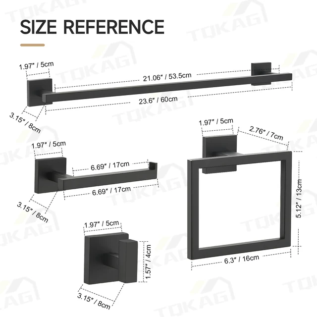 Alt view image 6 of 7 - Matte Black Bathroom Hardware Accessories Set 10 Pieces, 23.6" SUS304 Stainless Steel Towel Bar Set Wall Mounted Includes Single Towel Bar, Towel Ring, Toilet Paper Holder, Double Towel Hooks