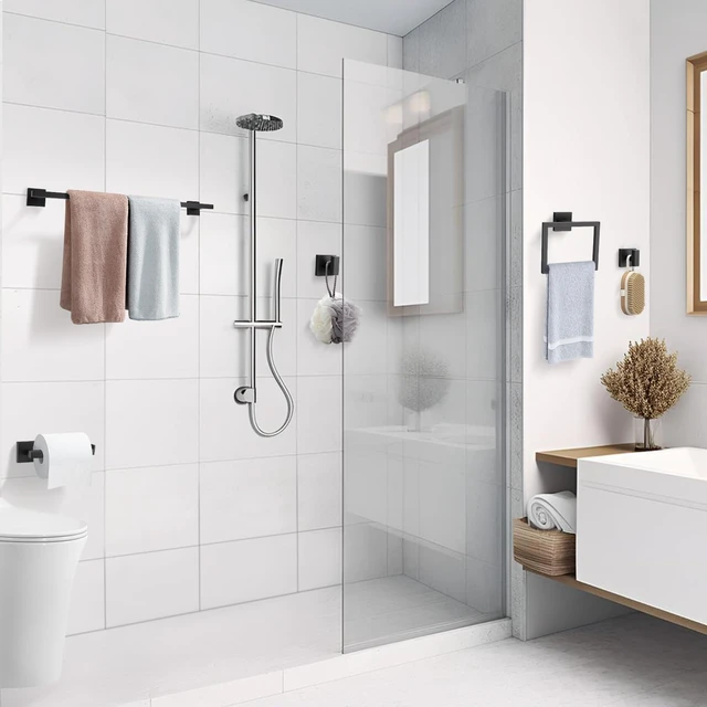 Alt view image 7 of 7 - Matte Black Bathroom Hardware Accessories Set 10 Pieces, 23.6" SUS304 Stainless Steel Towel Bar Set Wall Mounted Includes Single Towel Bar, Towel Ring, Toilet Paper Holder, Double Towel Hooks