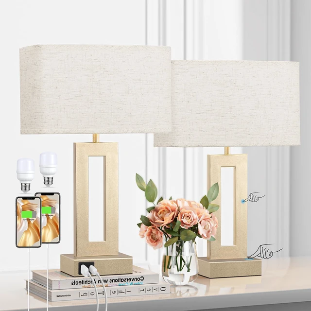 Main image of Bedroom Table Lamps Set of 2 - Beige Gold Touch Bedside Lamps with USB C+A, 3 Way Dimmable Gold Lamp for Nightstand, Modern Night Stands Lamps for Living Room