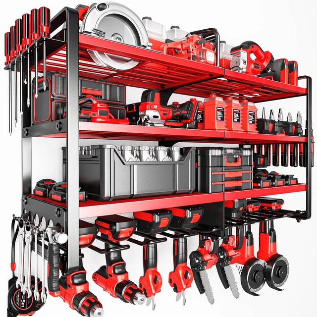 Main image of Upgrade Large power tool organizer Wall Mount,4 Layers Heavy Duty Metal Loads 400lbs Power Tool Hanger Shelf Battery Storage with 8 Cordless Drill Bit Holder,Utility Racks for Garage Tool Room
