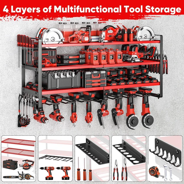 Alt view image 4 of 6 - Upgrade Large power tool organizer Wall Mount,4 Layers Heavy Duty Metal Loads 400lbs Power Tool Hanger Shelf Battery Storage with 8 Cordless Drill Bit Holder,Utility Racks for Garage Tool Room