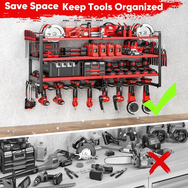 Alt view image 5 of 6 - Upgrade Large power tool organizer Wall Mount,4 Layers Heavy Duty Metal Loads 400lbs Power Tool Hanger Shelf Battery Storage with 8 Cordless Drill Bit Holder,Utility Racks for Garage Tool Room