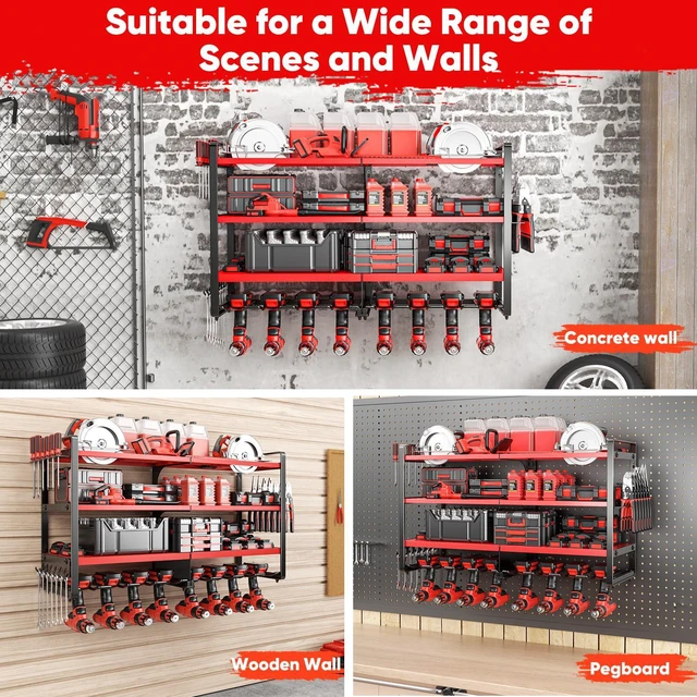 Alt view image 6 of 6 - Upgrade Large power tool organizer Wall Mount,4 Layers Heavy Duty Metal Loads 400lbs Power Tool Hanger Shelf Battery Storage with 8 Cordless Drill Bit Holder,Utility Racks for Garage Tool Room