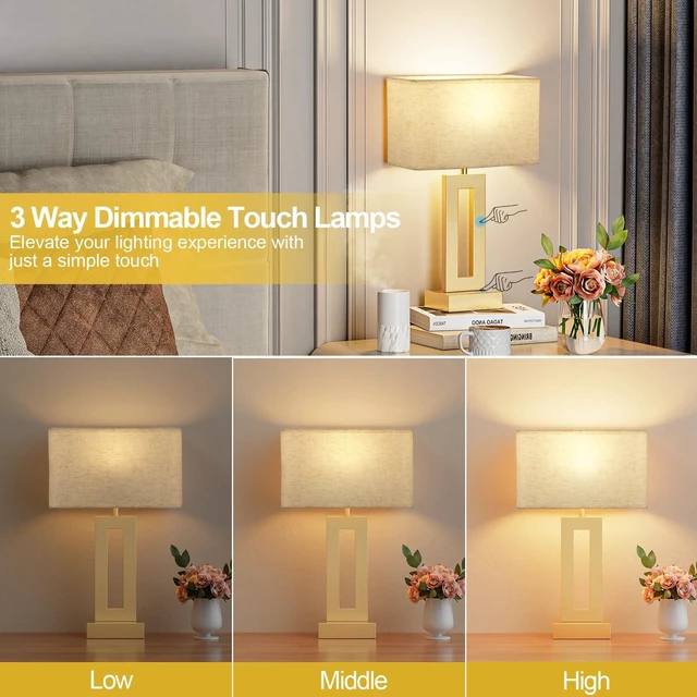 Alt view image 2 of 7 - Bedroom Table Lamps Set of 2 - Beige Gold Touch Bedside Lamps with USB C+A, 3 Way Dimmable Gold Lamp for Nightstand, Modern Night Stands Lamps for Living Room