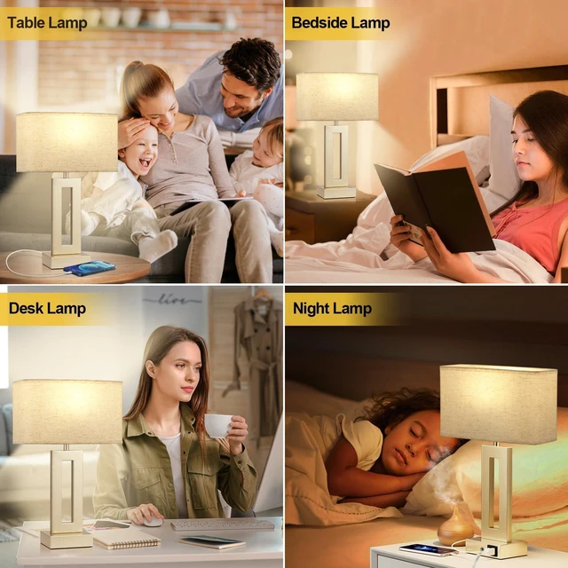 Alt view image 4 of 7 - Bedroom Table Lamps Set of 2 - Beige Gold Touch Bedside Lamps with USB C+A, 3 Way Dimmable Gold Lamp for Nightstand, Modern Night Stands Lamps for Living Room