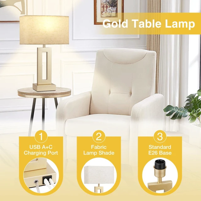 Alt view image 6 of 7 - Bedroom Table Lamps Set of 2 - Beige Gold Touch Bedside Lamps with USB C+A, 3 Way Dimmable Gold Lamp for Nightstand, Modern Night Stands Lamps for Living Room