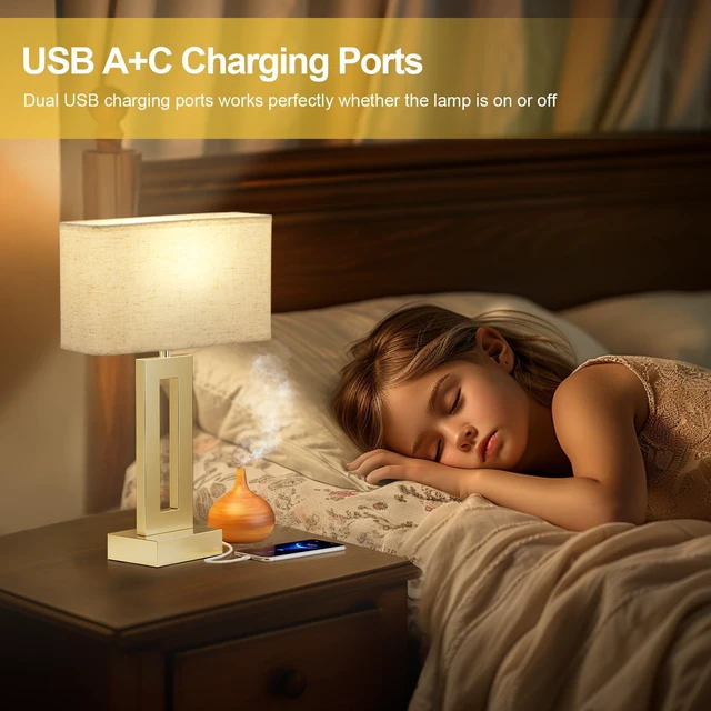Alt view image 7 of 7 - Bedroom Table Lamps Set of 2 - Beige Gold Touch Bedside Lamps with USB C+A, 3 Way Dimmable Gold Lamp for Nightstand, Modern Night Stands Lamps for Living Room