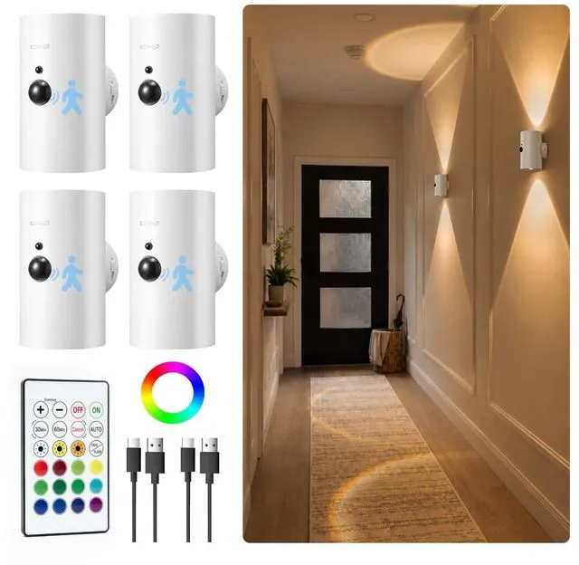 Main image of Motion Sensor Wall Sconces, Battery Operated Wall Lights Rechargeable, 3 CCT & 12 RGB, No Drill Mount, Wireless Remote LED Lights for Hallway, Stairway (White, 4 Pack)