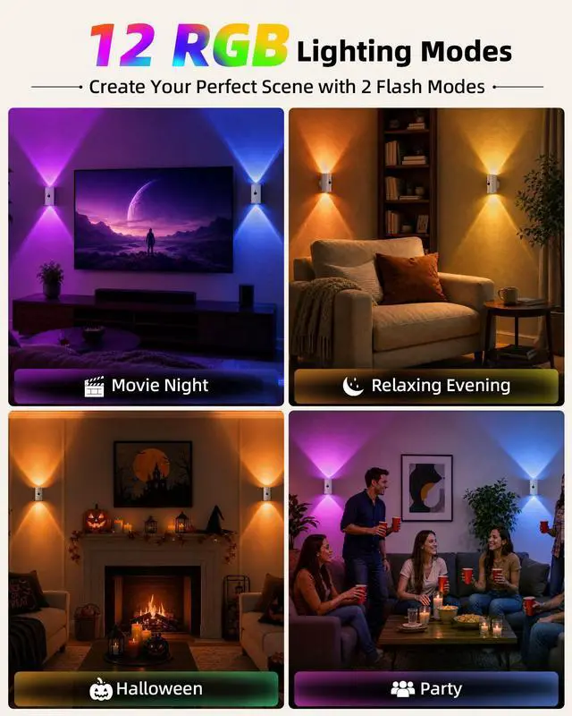 Alt view image 5 of 7 - Motion Sensor Wall Sconces, Battery Operated Wall Lights Rechargeable, 3 CCT & 12 RGB, No Drill Mount, Wireless Remote LED Lights for Hallway, Stairway (White, 4 Pack)