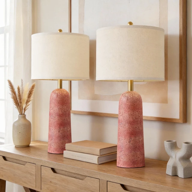 Main image of 27.25" Modern Table Lamp Set of 2, Red Resin Table Lamps with Stone Look, Lamps for Living Room with Linen Shades, Bedside Lamps for Bedroom Nightstand, Table Lamps for Living Room End Tables