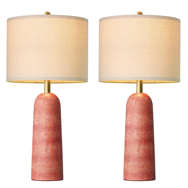 Alt view image 2 of 7 - 27.25" Modern Table Lamp Set of 2, Red Resin Table Lamps with Stone Look, Lamps for Living Room with Linen Shades, Bedside Lamps for Bedroom Nightstand, Table Lamps for Living Room End Tables