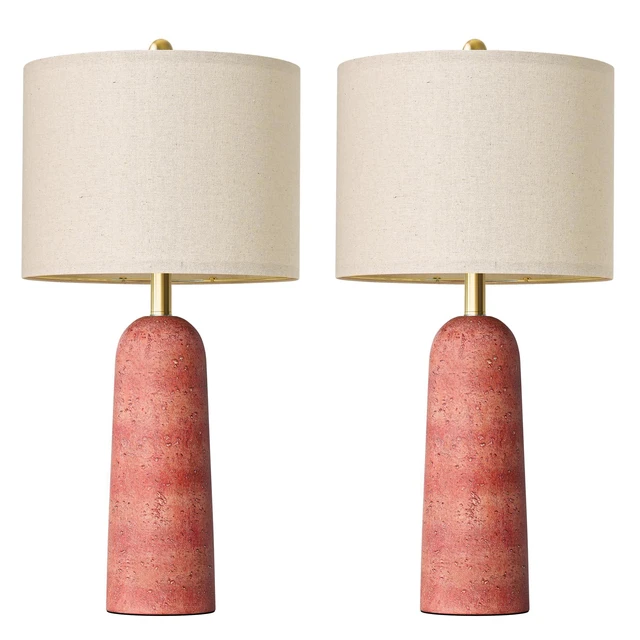 Alt view image 3 of 7 - 27.25" Modern Table Lamp Set of 2, Red Resin Table Lamps with Stone Look, Lamps for Living Room with Linen Shades, Bedside Lamps for Bedroom Nightstand, Table Lamps for Living Room End Tables