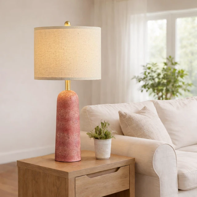 Alt view image 4 of 7 - 27.25" Modern Table Lamp Set of 2, Red Resin Table Lamps with Stone Look, Lamps for Living Room with Linen Shades, Bedside Lamps for Bedroom Nightstand, Table Lamps for Living Room End Tables