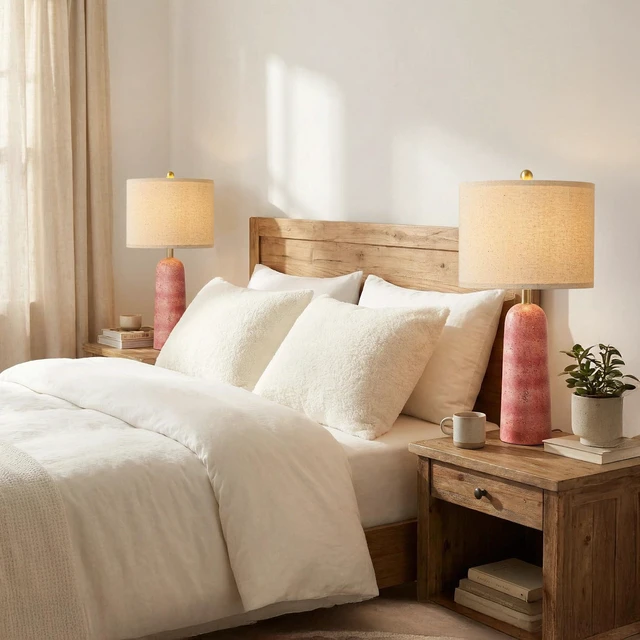 Alt view image 7 of 7 - 27.25" Modern Table Lamp Set of 2, Red Resin Table Lamps with Stone Look, Lamps for Living Room with Linen Shades, Bedside Lamps for Bedroom Nightstand, Table Lamps for Living Room End Tables