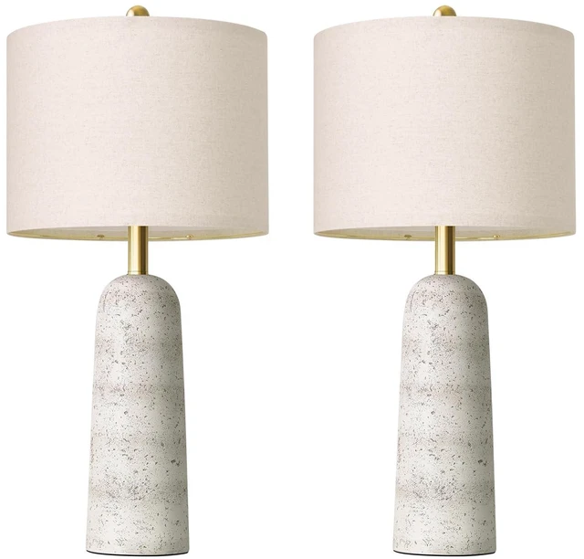 Main image of 27.25" Modern Table Lamp Set of 2, White Resin Table Lamps with Stone Look, Lamps for Living Room with Linen Shades, Bedside Lamps for Bedroom, Nightstand, Entryway