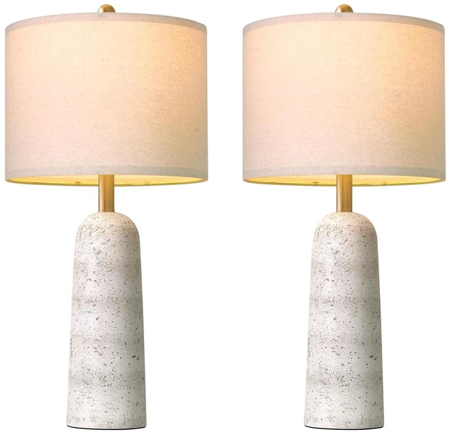 Alt view image 2 of 7 - 27.25" Modern Table Lamp Set of 2, White Resin Table Lamps with Stone Look, Lamps for Living Room with Linen Shades, Bedside Lamps for Bedroom, Nightstand, Entryway