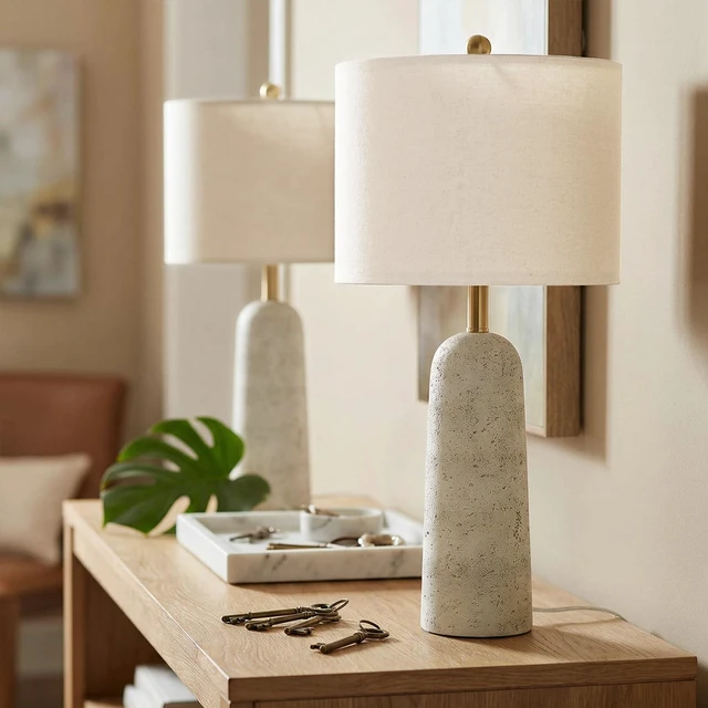 Alt view image 3 of 7 - 27.25" Modern Table Lamp Set of 2, White Resin Table Lamps with Stone Look, Lamps for Living Room with Linen Shades, Bedside Lamps for Bedroom, Nightstand, Entryway