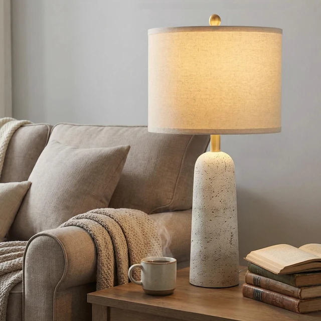 Alt view image 4 of 7 - 27.25" Modern Table Lamp Set of 2, White Resin Table Lamps with Stone Look, Lamps for Living Room with Linen Shades, Bedside Lamps for Bedroom, Nightstand, Entryway
