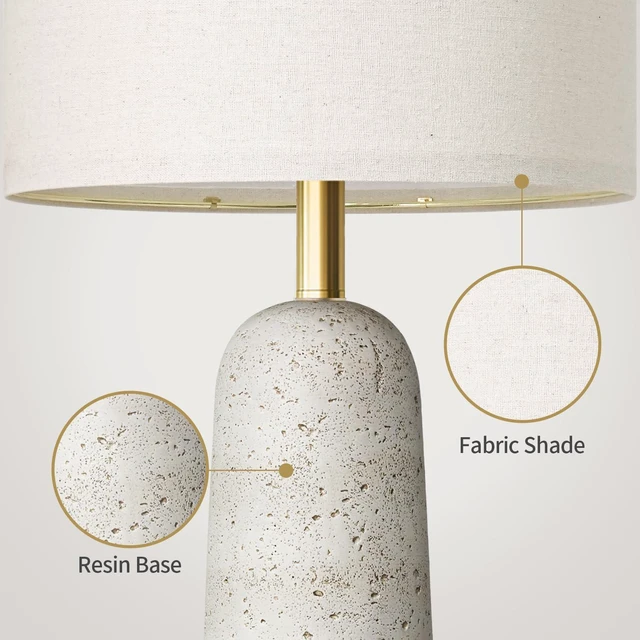Alt view image 5 of 7 - 27.25" Modern Table Lamp Set of 2, White Resin Table Lamps with Stone Look, Lamps for Living Room with Linen Shades, Bedside Lamps for Bedroom, Nightstand, Entryway